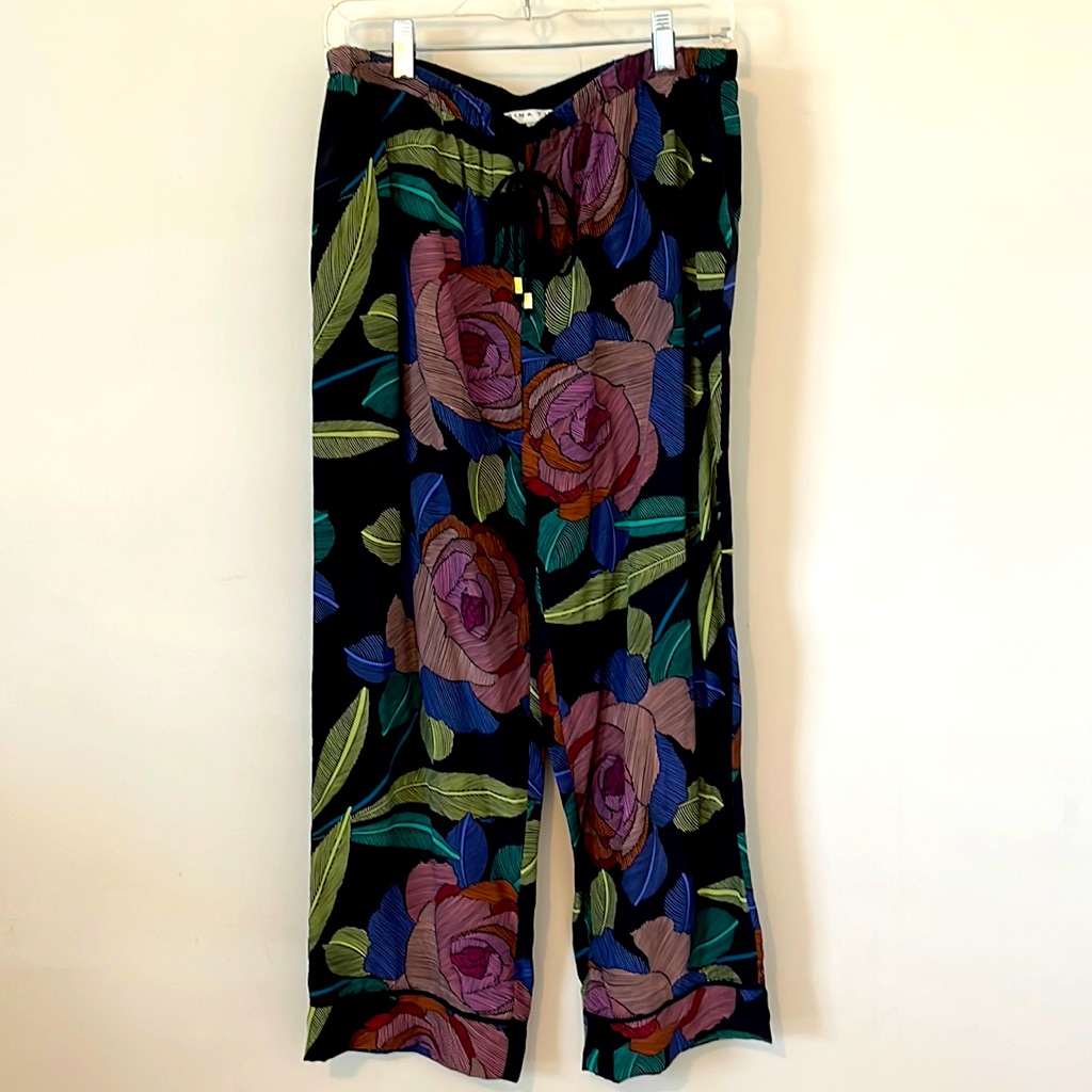Trina Turk Black Floral Drawstring Silk Pants Size Medium